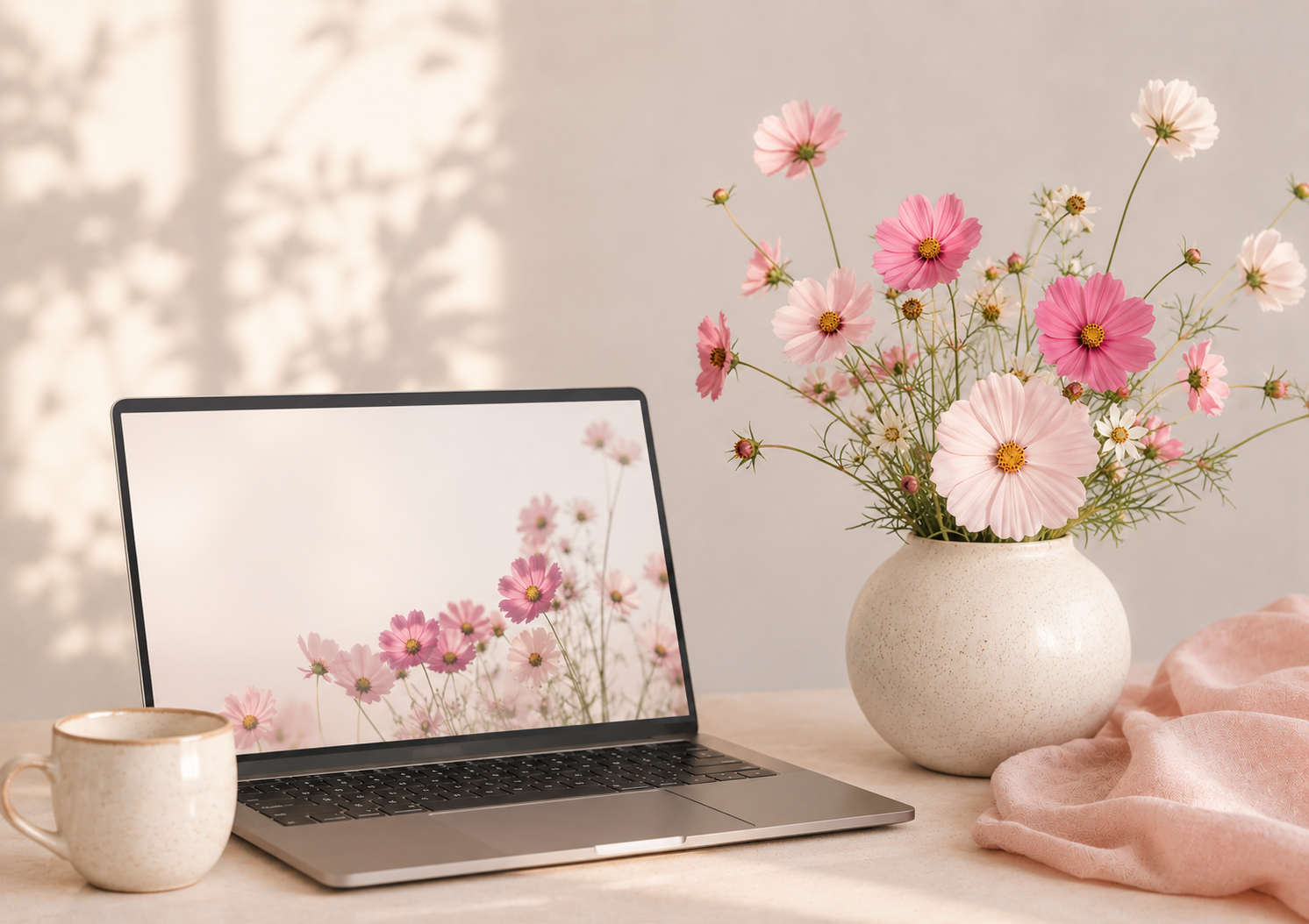 Laptop and cosmos flowers on a sunlit desk